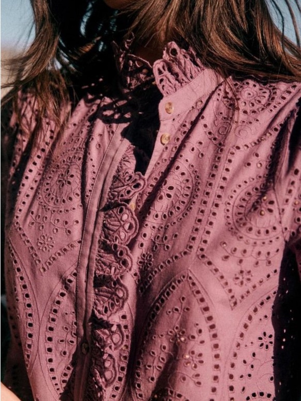SEZANE Purple Wisteria Eyelet Ruffle Button Down Shirt Scalloped Chlo Blouse Top - Picture 6 of 14